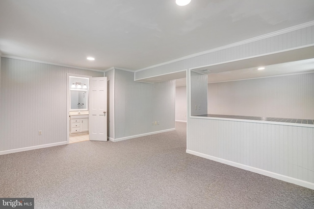 5926 Clermont Landing Ct, Burke, VA 22015 - finished below grade area featuring carpet, crown molding, baseboards, wooden walls, and recessed lighting