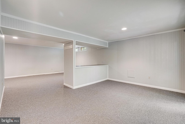 5926 Clermont Landing Ct, Burke, VA 22015 - finished below grade area with crown molding, carpet floors, baseboards, and recessed lighting