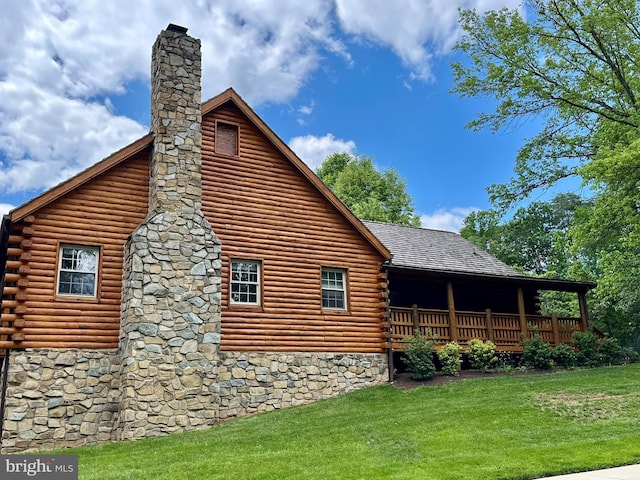 5926 Clermont Landing Ct, Burke, VA 22015 - view of side of home with log siding, a chimney, a yard, stone siding, and a shingled roof
