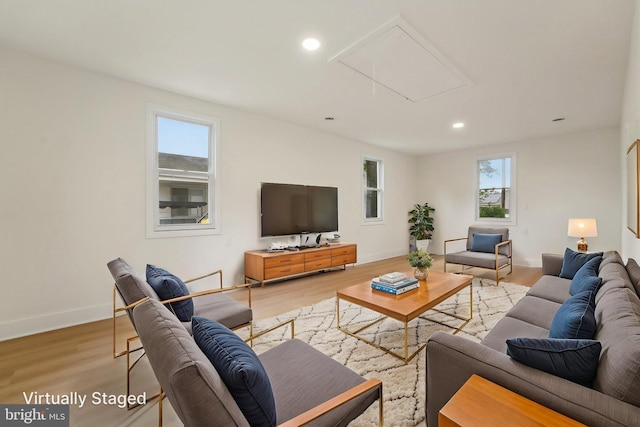 818 Dale Rd, Glen Burnie, MD 21060 - living room with attic access, wood finished floors, recessed lighting, and baseboards