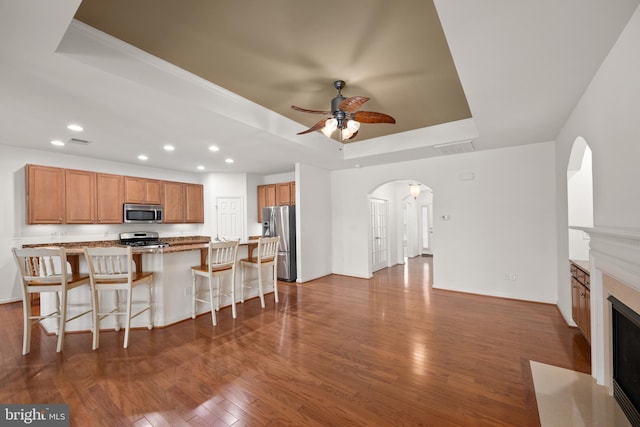 54 Ruddy Duck Ln, Bridgeville, DE 19933 - kitchen with appliances with stainless steel finishes, arched walkways, a tray ceiling, recessed lighting, and ceiling fan