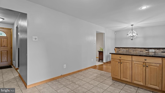141 N Woodbine Ave, Langhorne, PA 19047 - kitchen featuring light tile patterned floors, a chandelier, baseboards, pendant lighting, and recessed lighting