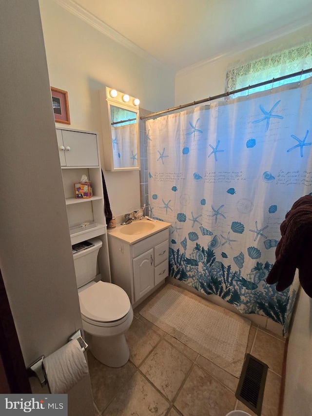 4113 Jacksonville Rd, Crisfield, MD 21817 - bathroom with ornamental molding, toilet, tile patterned floors, vanity, and a shower with curtain