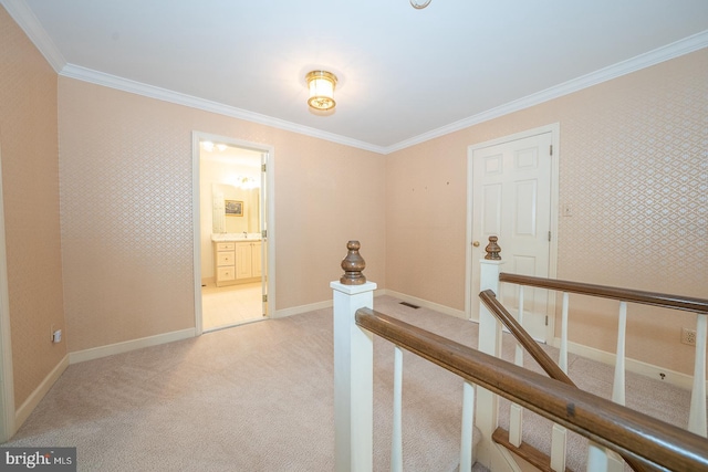 27 Manchester Ct Unit 27, Berwyn, PA 19312 - corridor with an upstairs landing, ornamental molding, light carpet, and baseboards