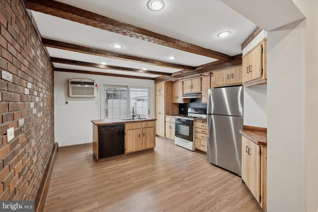 1142 Tree St, Philadelphia, PA 19148 - kitchen featuring freestanding refrigerator, range with gas stovetop, black dishwasher, brick wall, and light brown cabinets