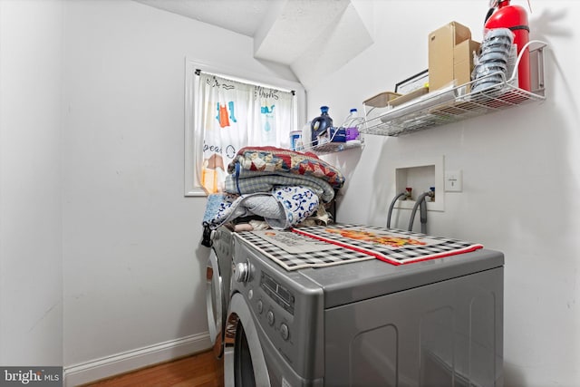 308 Fawn Dr, Winchester, VA 22602 - laundry room featuring wood finished floors, washer and clothes dryer, and baseboards