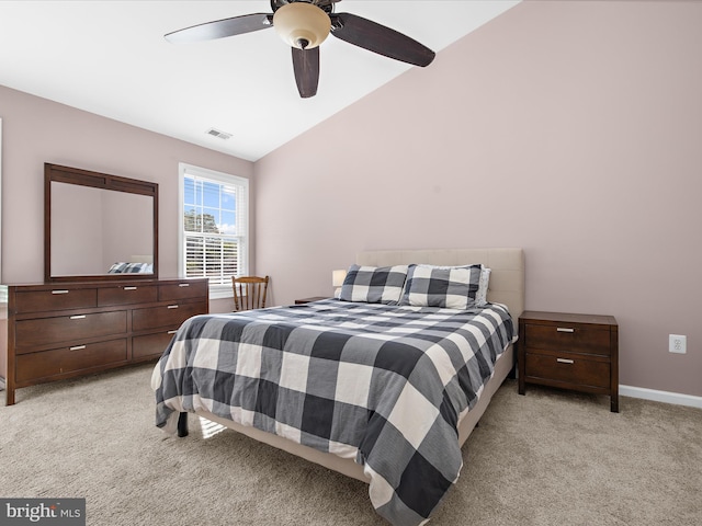 7827 Catherine Ave, Pasadena, MD 21122 - bedroom with light colored carpet, lofted ceiling, and ceiling fan