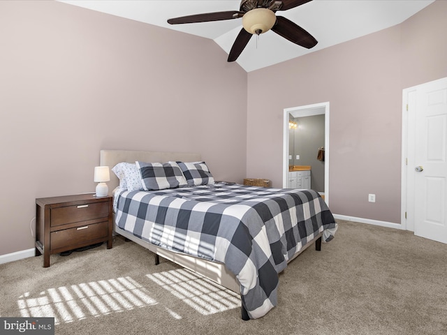 7827 Catherine Ave, Pasadena, MD 21122 - carpeted bedroom featuring lofted ceiling, ensuite bath, and ceiling fan