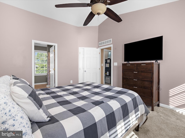 7827 Catherine Ave, Pasadena, MD 21122 - bedroom with light colored carpet, a ceiling fan, and high vaulted ceiling