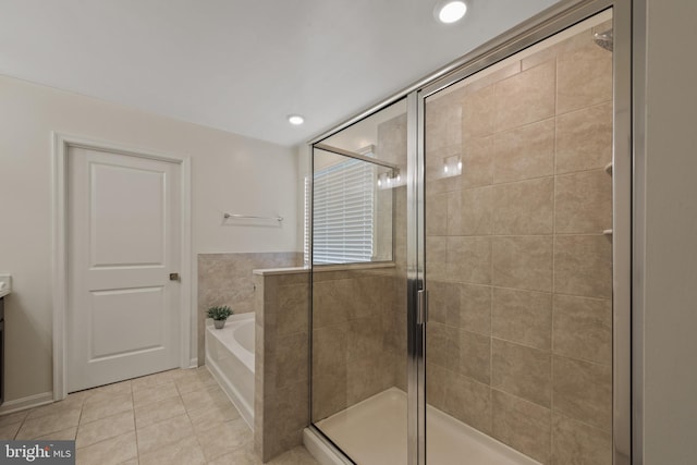 full bathroom with a shower stall, tile patterned flooring, and recessed lighting