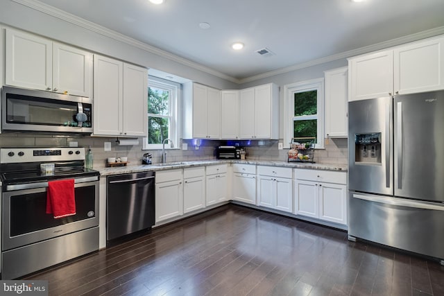 10560 S Faulkner Rd, Faulkner, MD 20632 - kitchen with stainless steel appliances, a sink, healthy amount of natural light, white cabinets, and crown molding