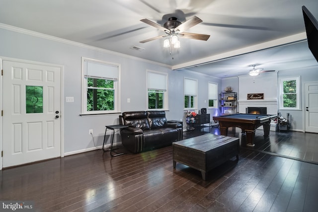 10560 S Faulkner Rd, Faulkner, MD 20632 - living room featuring a ceiling fan, hardwood / wood-style flooring, a fireplace, ornamental molding, and billiards table