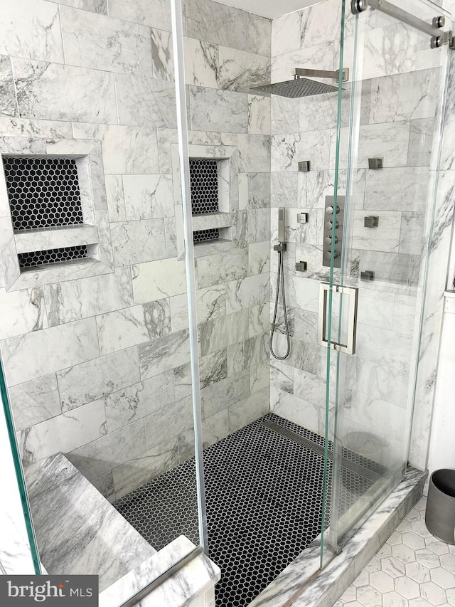 19 Center St, Barnegat, NJ 08005 - bathroom with a stall shower and tile patterned flooring