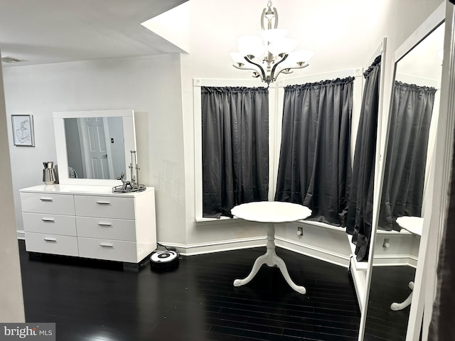 19 Center St, Barnegat, NJ 08005 - bathroom with a chandelier, vanity, baseboards, and a shower with curtain