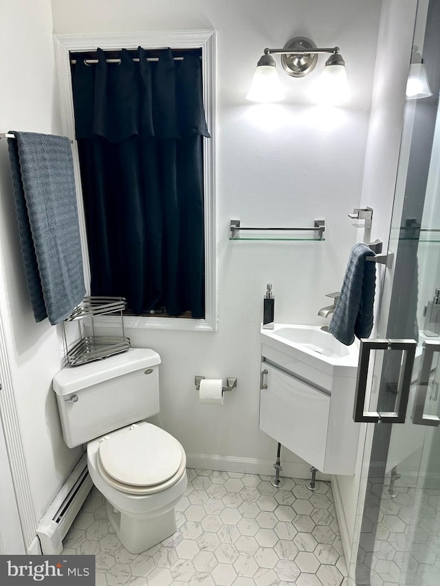 19 Center St, Barnegat, NJ 08005 - full bath featuring a baseboard radiator, toilet, vanity, a shower, and baseboards