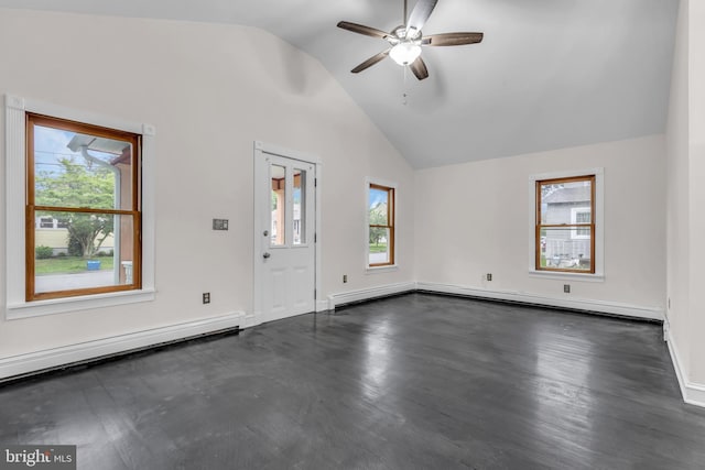 19 Center St, Barnegat, NJ 08005 - empty room with vaulted ceiling, plenty of natural light, a ceiling fan, a baseboard radiator, and dark wood-style flooring
