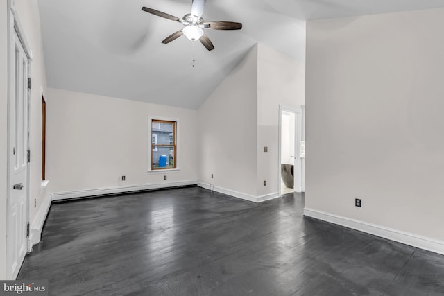 19 Center St, Barnegat, NJ 08005 - unfurnished living room featuring a ceiling fan, dark wood-type flooring, baseboards, a baseboard heating unit, and high vaulted ceiling