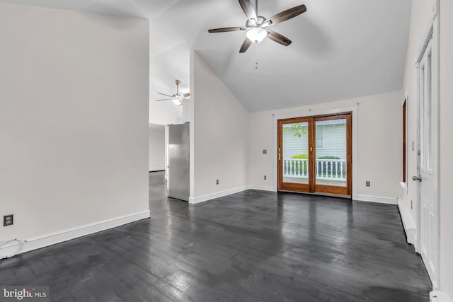 19 Center St, Barnegat, NJ 08005 - unfurnished living room with ceiling fan, lofted ceiling, dark wood-style floors, and baseboards