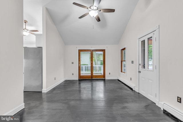 19 Center St, Barnegat, NJ 08005 - unfurnished living room with a ceiling fan, baseboard heating, plenty of natural light, and vaulted ceiling