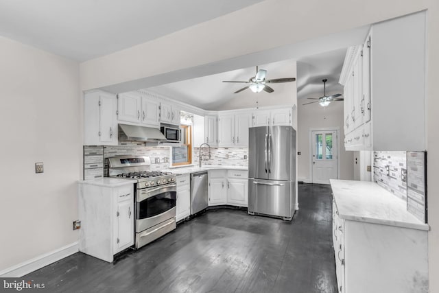 19 Center St, Barnegat, NJ 08005 - kitchen with appliances with stainless steel finishes, under cabinet range hood, white cabinets, dark wood finished floors, and lofted ceiling