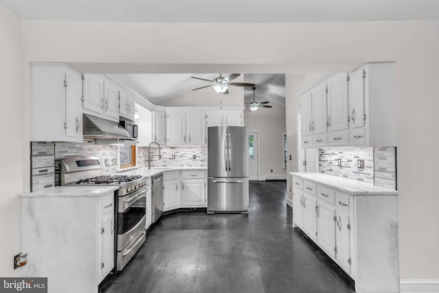 19 Center St, Barnegat, NJ 08005 - kitchen with appliances with stainless steel finishes, exhaust hood, vaulted ceiling, a ceiling fan, and white cabinetry