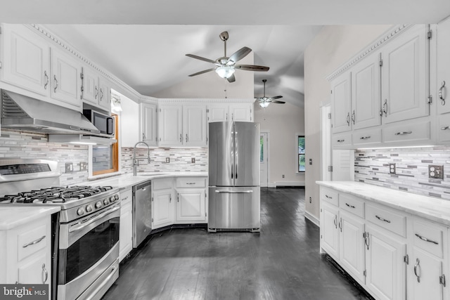19 Center St, Barnegat, NJ 08005 - kitchen featuring stainless steel appliances, under cabinet range hood, a ceiling fan, a sink, and white cabinetry