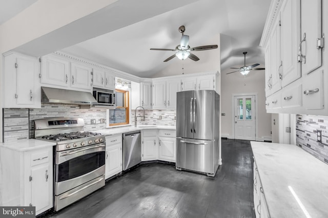 19 Center St, Barnegat, NJ 08005 - kitchen featuring stainless steel appliances, under cabinet range hood, a sink, dark wood-style floors, and white cabinets