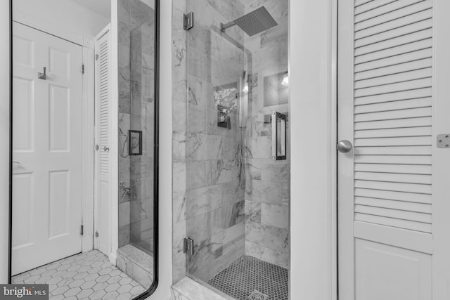 19 Center St, Barnegat, NJ 08005 - full bathroom featuring a closet, a marble finish shower, and tile patterned flooring