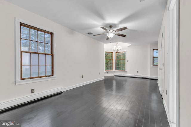 19 Center St, Barnegat, NJ 08005 - unfurnished room with a chandelier, ceiling fan, a baseboard radiator, dark wood-style flooring, and baseboards