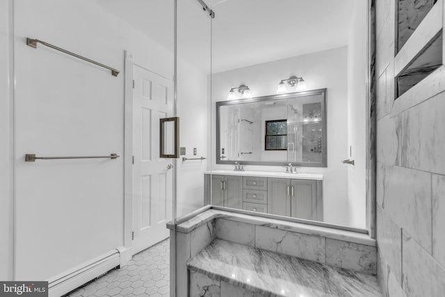 19 Center St, Barnegat, NJ 08005 - full bathroom featuring baseboard heating and double vanity
