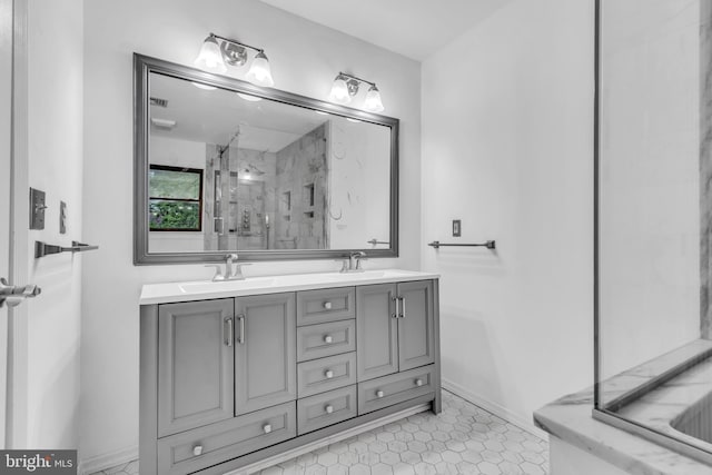 19 Center St, Barnegat, NJ 08005 - bathroom featuring double vanity, a marble finish shower, and baseboards