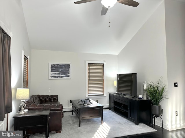 19 Center St, Barnegat, NJ 08005 - living room with vaulted ceiling, a ceiling fan, and baseboards