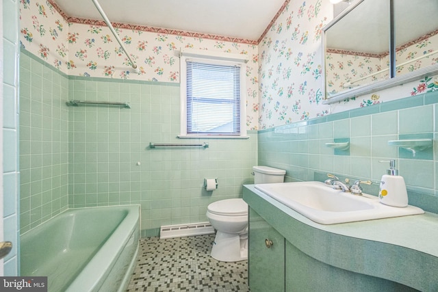 835 Wayside Ln, Haddonfield, NJ 08033 - bathroom with wallpapered walls, baseboard heating, a wainscoted wall, toilet, and tile walls