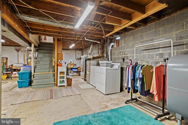 1011 Woodcliffe Ave, Media, PA 19063 - unfinished basement featuring separate washer and dryer, heating fuel, and stairs