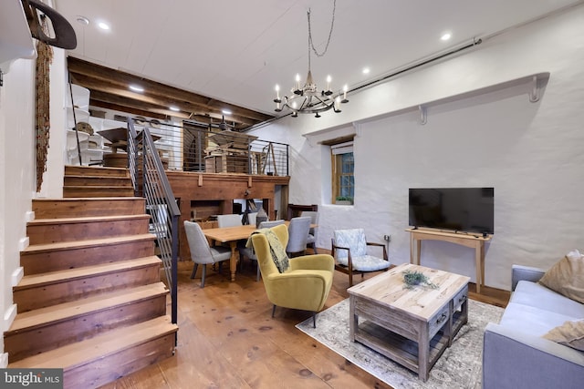 1700 N Texter Mountain Rd, Reinholds, PA 17569 - living room with stairway, hardwood / wood-style floors, a chandelier, and recessed lighting