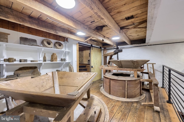 1700 N Texter Mountain Rd, Reinholds, PA 17569 - basement with a barn door, wooden ceiling, and hardwood / wood-style flooring