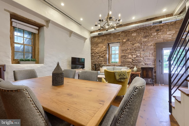 1700 N Texter Mountain Rd, Reinholds, PA 17569 - dining space with a chandelier, stairway, recessed lighting, wood finished floors, and plenty of natural light