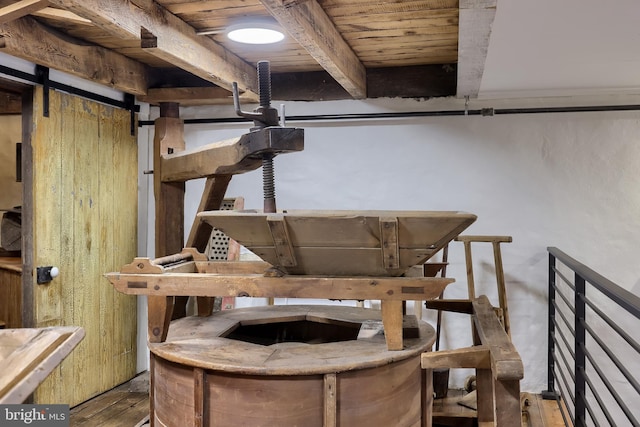 1700 N Texter Mountain Rd, Reinholds, PA 17569 - detailed view of wood ceiling with exposed beams and a barn door