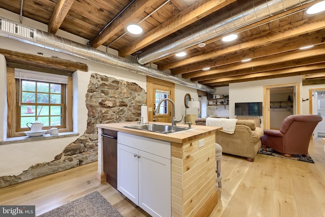 1700 N Texter Mountain Rd, Reinholds, PA 17569 - kitchen with a sink, butcher block countertops, open floor plan, light wood finished floors, and a center island with sink