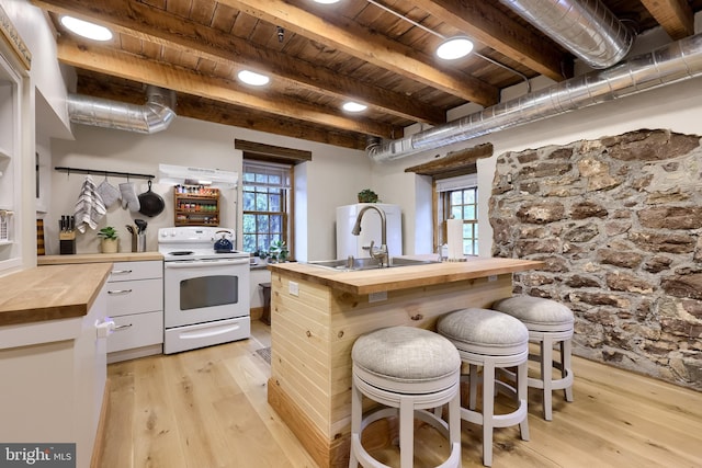 1700 N Texter Mountain Rd, Reinholds, PA 17569 - kitchen featuring wooden counters, electric stove, wood ceiling with exposed beams, light wood-style flooring, and a sink