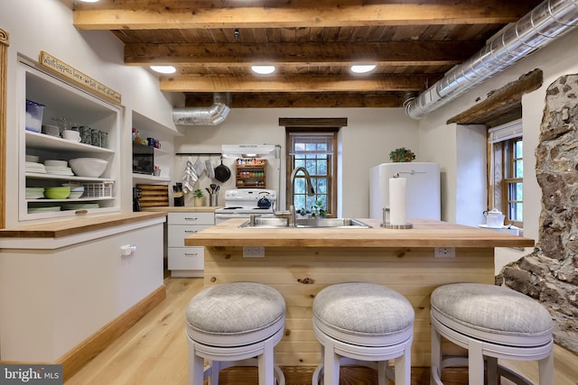 1700 N Texter Mountain Rd, Reinholds, PA 17569 - kitchen featuring wooden counters, wooden ceiling with exposed beams, a sink, light wood-style flooring, and white cabinets