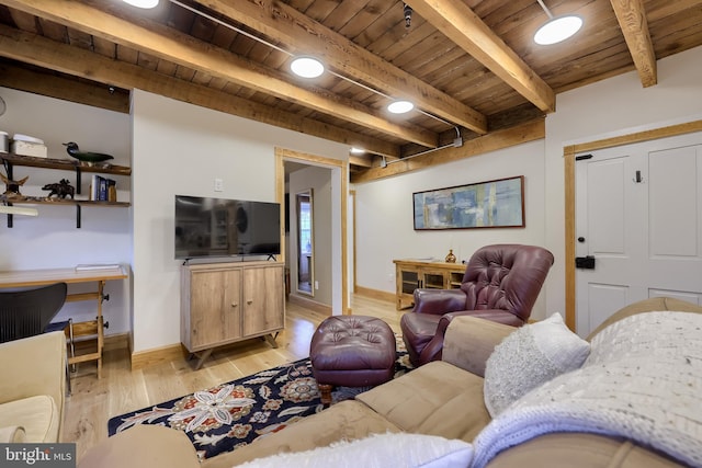 1700 N Texter Mountain Rd, Reinholds, PA 17569 - living area with wood ceiling with exposed beams, light wood finished floors, and baseboards