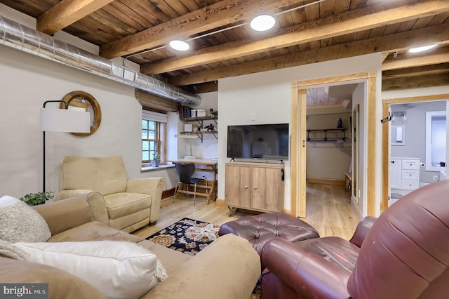1700 N Texter Mountain Rd, Reinholds, PA 17569 - living room with wooden ceiling with exposed beams, light wood-type flooring, and baseboards