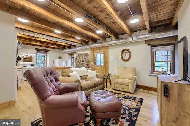 1700 N Texter Mountain Rd, Reinholds, PA 17569 - living area featuring wooden ceiling with exposed beams, washer / dryer, light wood-type flooring, and baseboards