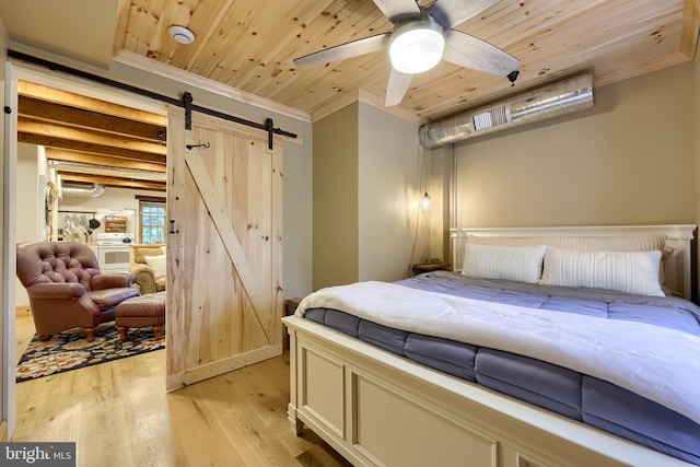 1700 N Texter Mountain Rd, Reinholds, PA 17569 - bedroom featuring a barn door, light wood-style flooring, wood ceiling, crown molding, and a wall unit AC