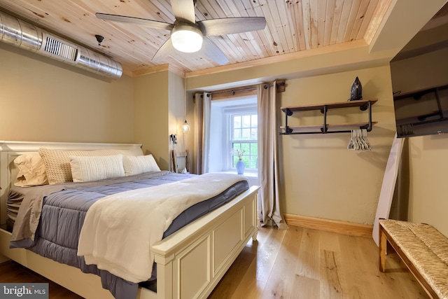 1700 N Texter Mountain Rd, Reinholds, PA 17569 - bedroom with wooden ceiling, light wood finished floors, baseboards, crown molding, and ceiling fan