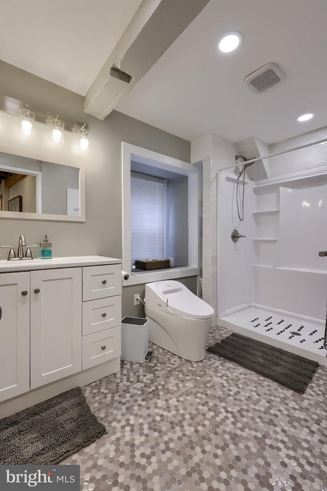 1700 N Texter Mountain Rd, Reinholds, PA 17569 - bathroom with a walk in shower, toilet, vanity, tile patterned floors, and recessed lighting