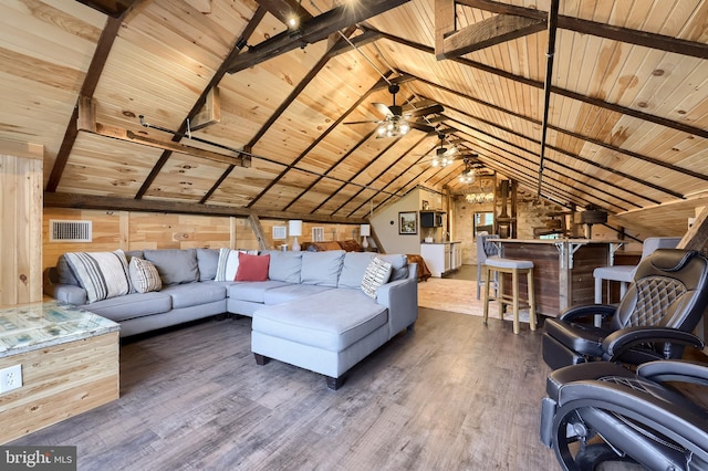1700 N Texter Mountain Rd, Reinholds, PA 17569 - living room with lofted ceiling, wood ceiling, wood finished floors, and ceiling fan