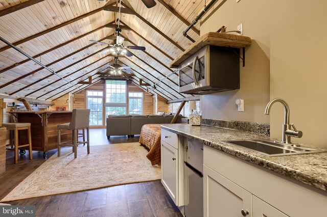 1700 N Texter Mountain Rd, Reinholds, PA 17569 - kitchen with a sink, wood ceiling, ceiling fan, vaulted ceiling, and dark wood finished floors