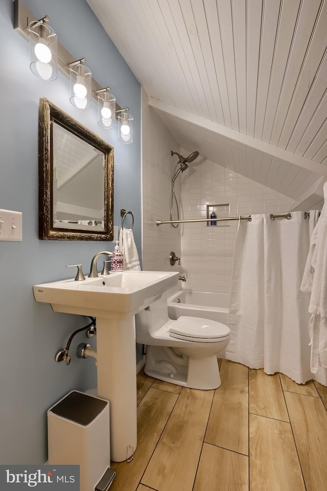 1700 N Texter Mountain Rd, Reinholds, PA 17569 - full bath with toilet, wood ceiling, shower / tub combo, and wood finished floors